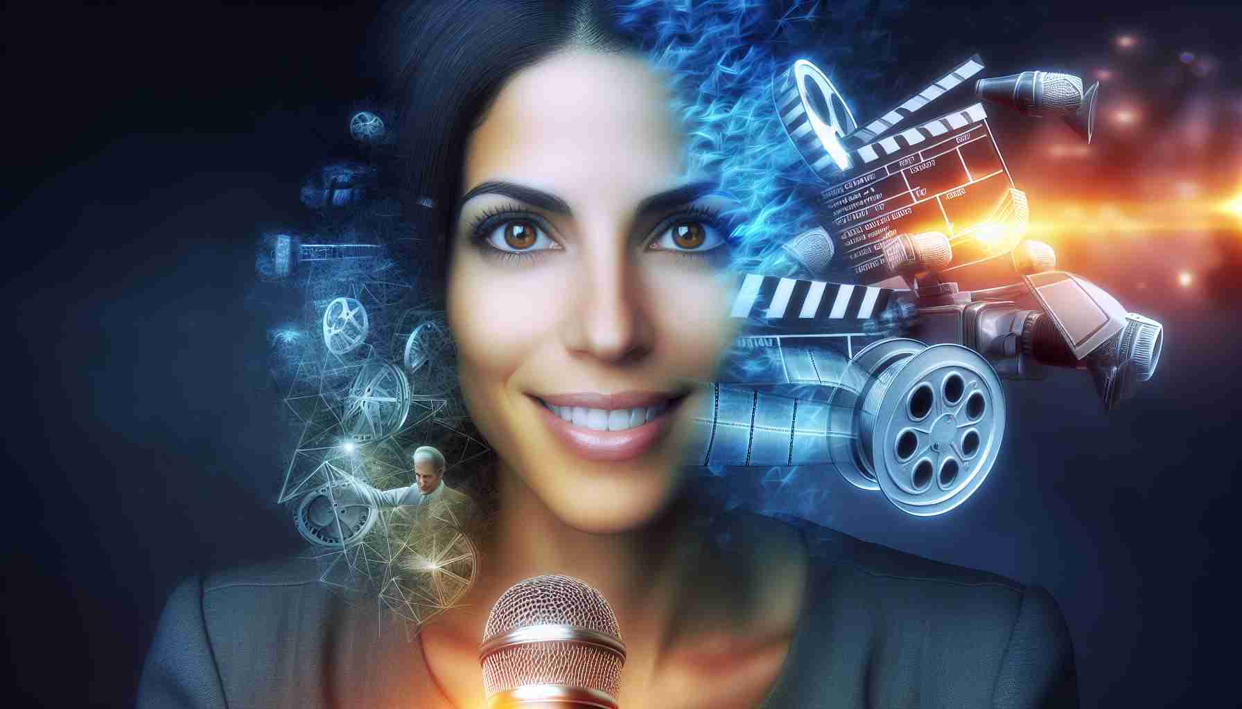 A high-definition, realistic portrayal of an enthusiastic media expert who is a woman of Hispanic descent. She possesses a passion for the entertainment industry. Her eyes sparkle with interest, reflecting images of film reels and microphones. She has carved out a niche in the media landscape, wielding her mind as her tool, transformed into a symbol of enlightening discussions and insightful critiques.