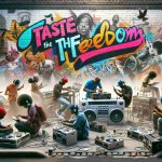 An HD image capturing the essence of the pioneering urban music journey 'Taste The Freedom'. The image should depict an urban setting, with elements such as graffiti art and music equipment like boomboxes, turntables, and microphones. It should have an energetic atmosphere, reflecting the raw energy of urban music. People of different descents like Black, White, Hispanic and Asian should appear in the image, each engrossed in making music or dancing, expressing their freedom through their passion for urban music.