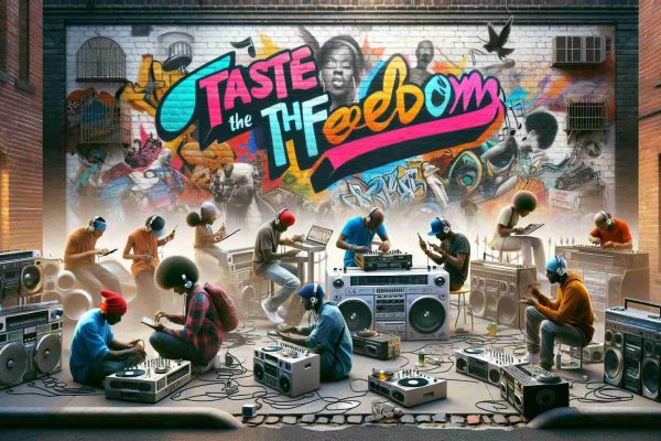 An HD image capturing the essence of the pioneering urban music journey 'Taste The Freedom'. The image should depict an urban setting, with elements such as graffiti art and music equipment like boomboxes, turntables, and microphones. It should have an energetic atmosphere, reflecting the raw energy of urban music. People of different descents like Black, White, Hispanic and Asian should appear in the image, each engrossed in making music or dancing, expressing their freedom through their passion for urban music.