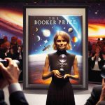 Create an image of a realistic, high-definition scene where a woman with medium-length blonde hair, dressed in a formal attire, holds an award symbolizing the Booker Prize. She is standing in front of a backdrop that shows the cover of a space-themed novel, having its title, author name, and images related to galaxies, planets, and stars. The atmosphere is buzzing with applause, camera flashes, and a sense of accomplishment.