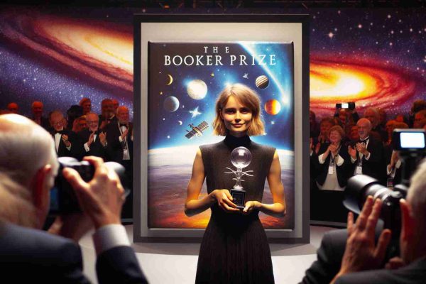 Create an image of a realistic, high-definition scene where a woman with medium-length blonde hair, dressed in a formal attire, holds an award symbolizing the Booker Prize. She is standing in front of a backdrop that shows the cover of a space-themed novel, having its title, author name, and images related to galaxies, planets, and stars. The atmosphere is buzzing with applause, camera flashes, and a sense of accomplishment.