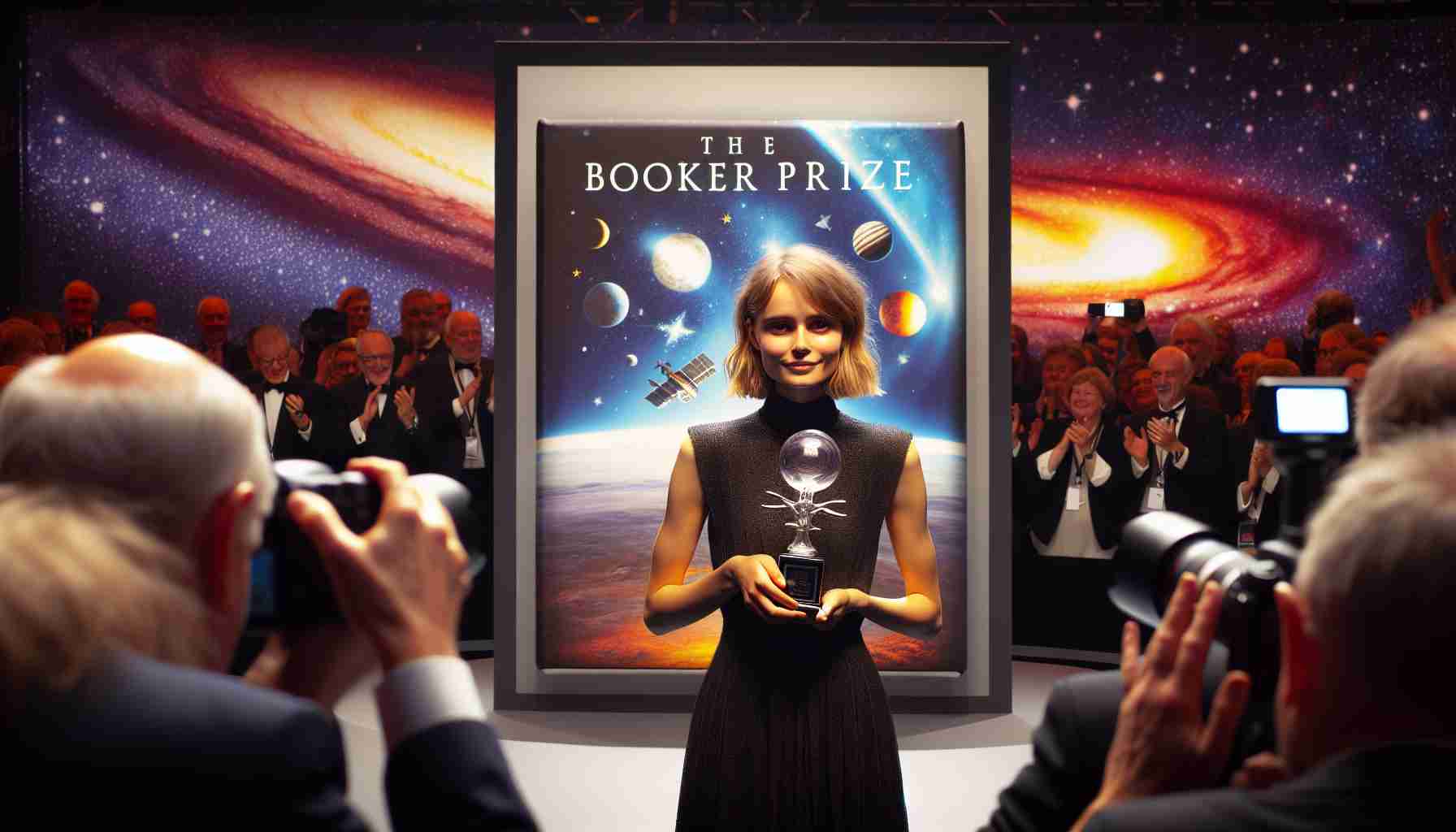 Create an image of a realistic, high-definition scene where a woman with medium-length blonde hair, dressed in a formal attire, holds an award symbolizing the Booker Prize. She is standing in front of a backdrop that shows the cover of a space-themed novel, having its title, author name, and images related to galaxies, planets, and stars. The atmosphere is buzzing with applause, camera flashes, and a sense of accomplishment.