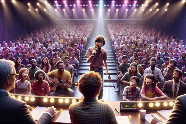 A highly detailed, realistic photo depicting an exciting moment at a national youth singing competition. The stage is grandly decorated with vivid lights, and a diverse group of participants take their turns to display their talent. A young pre-teen South Asian boy is currently in the spotlight, pouring his soul into his favorite song, while in the audience, parents and friends are quietly watching, their faces a mixture of pride and anticipation. The judges, a balanced mix of Male and Female, Black and Caucasian, are attentively listening, noting down their scores.