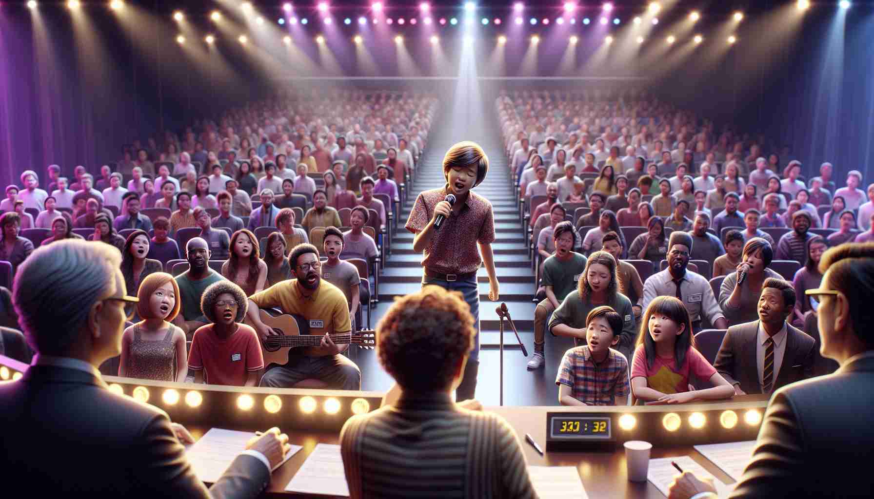 A highly detailed, realistic photo depicting an exciting moment at a national youth singing competition. The stage is grandly decorated with vivid lights, and a diverse group of participants take their turns to display their talent. A young pre-teen South Asian boy is currently in the spotlight, pouring his soul into his favorite song, while in the audience, parents and friends are quietly watching, their faces a mixture of pride and anticipation. The judges, a balanced mix of Male and Female, Black and Caucasian, are attentively listening, noting down their scores.