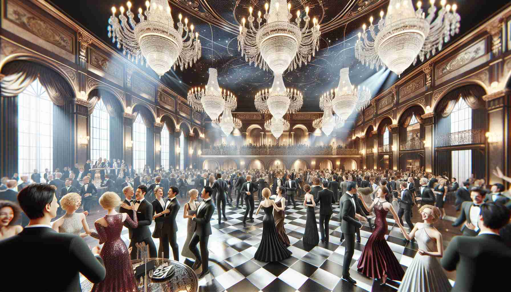 A detailed and realistic high definition image illustrating a grand celebration at an esteemed awards gala, characterized by a magnificent dance floor, aesthetically pleasing decorations, and sophisticatedly dressed individuals of diverse gender and descents, joyfully interacting and celebrating. The atmosphere is electric with excitement, chandeliers above them are casting warm light, and the stage is set for the announcement of an award. All these elements combine to convey a sense of grandeur and festivity.