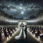 A high-definition, realistic image of a mystical wedding ceremony taking place under the starlit night sky. The scene is set in an open field adorned with twinkling white fairy lights. A couple, a Black woman and an Asian man, in their formal wedding attire, are standing in the center, exchanging vows. A diverse group of guests is gathered around, witnessing the event. The background is enveloped in the shimmering glow of countless stars and the serene darkness of the night sky.