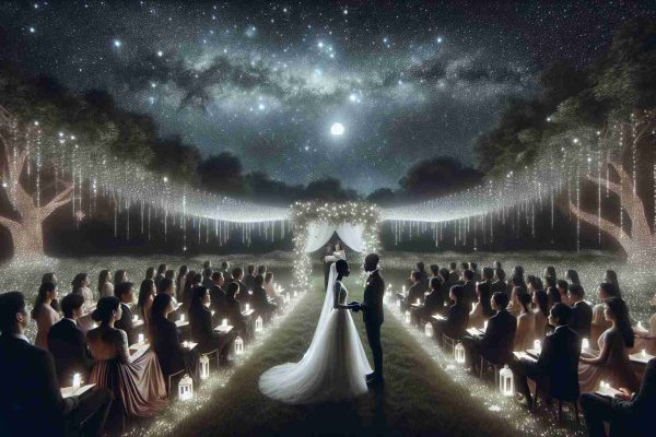 A high-definition, realistic image of a mystical wedding ceremony taking place under the starlit night sky. The scene is set in an open field adorned with twinkling white fairy lights. A couple, a Black woman and an Asian man, in their formal wedding attire, are standing in the center, exchanging vows. A diverse group of guests is gathered around, witnessing the event. The background is enveloped in the shimmering glow of countless stars and the serene darkness of the night sky.