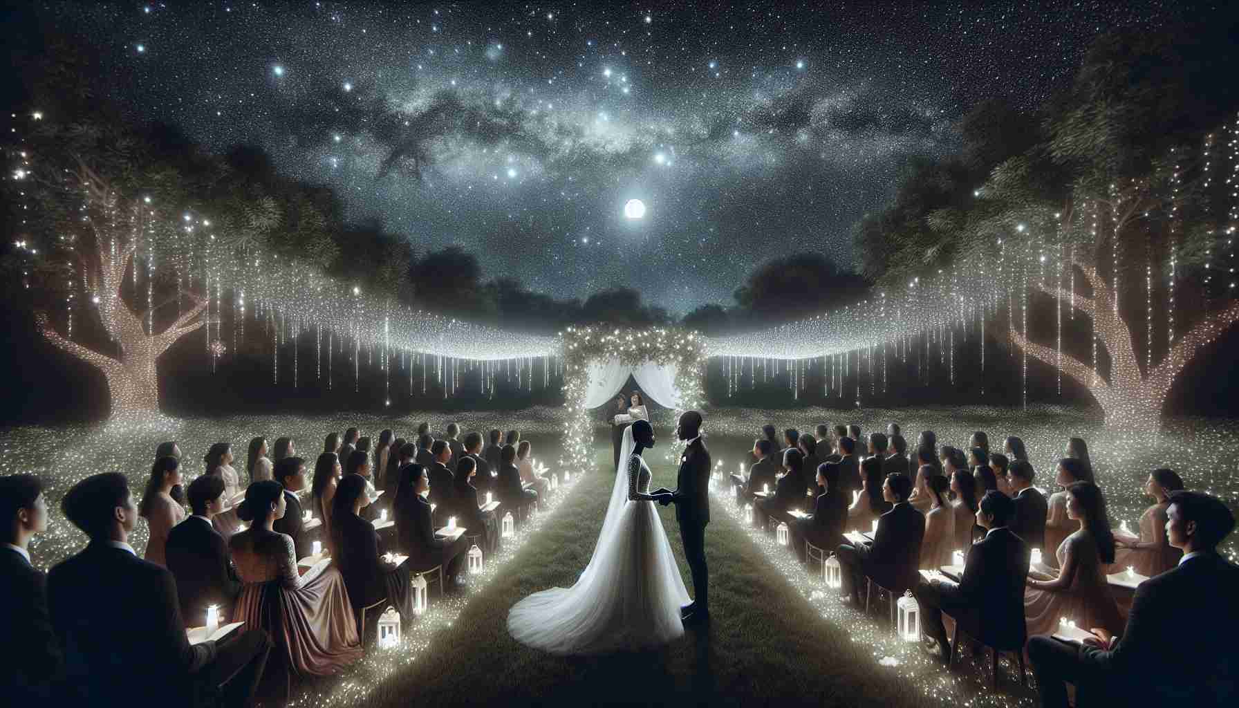 A high-definition, realistic image of a mystical wedding ceremony taking place under the starlit night sky. The scene is set in an open field adorned with twinkling white fairy lights. A couple, a Black woman and an Asian man, in their formal wedding attire, are standing in the center, exchanging vows. A diverse group of guests is gathered around, witnessing the event. The background is enveloped in the shimmering glow of countless stars and the serene darkness of the night sky.