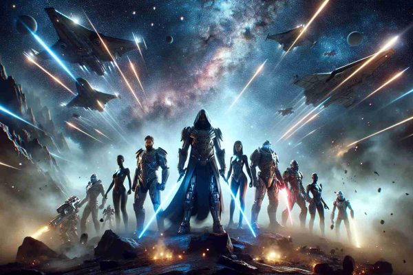 Realistic high-definition photo of a dramatic scene illustrating the ascent of cosmic warriors, seen from a low angle to emphasize their majesty and power. This scene should depict a group of warriors in sci-fi armor, both male and female, of diverse descents including Caucasian, Black, and Hispanic. They stand bravely on a rocky terrain under a star-lit, swirling galaxy. Laser swords in their hands are ignited, casting a glow that reflects on their resolved facial expressions. Around them, various spaceships are preparing for takeoff, lifting dust and creating a dynamic battlefield setting.