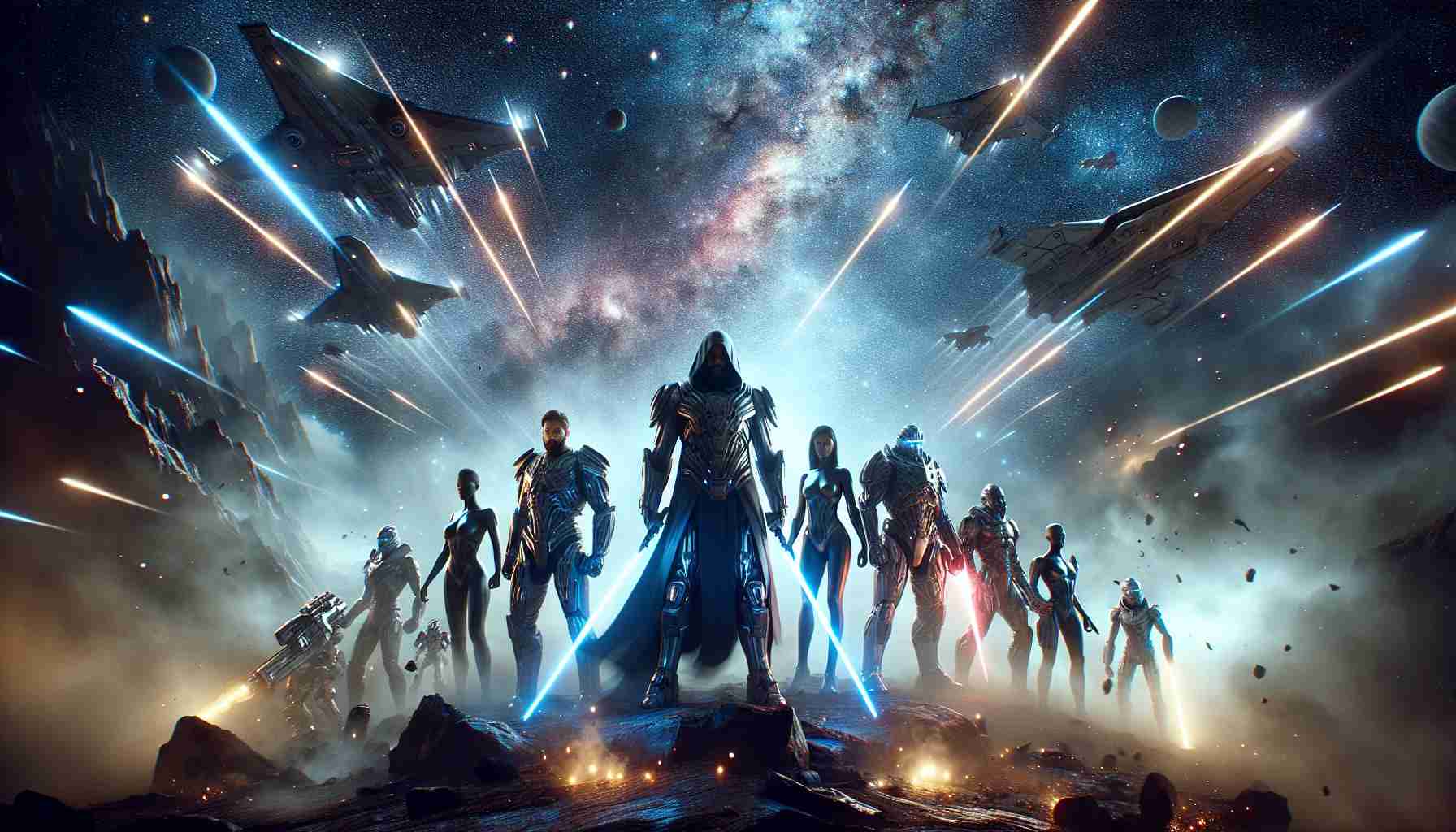 Realistic high-definition photo of a dramatic scene illustrating the ascent of cosmic warriors, seen from a low angle to emphasize their majesty and power. This scene should depict a group of warriors in sci-fi armor, both male and female, of diverse descents including Caucasian, Black, and Hispanic. They stand bravely on a rocky terrain under a star-lit, swirling galaxy. Laser swords in their hands are ignited, casting a glow that reflects on their resolved facial expressions. Around them, various spaceships are preparing for takeoff, lifting dust and creating a dynamic battlefield setting.