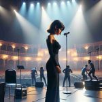 A realistic, high-definition image of a young Spanish singer getting ready to perform on a grand stage. This young talent is practicing her lyrics diligently while standing on the nearly finished stage, dimly lit with an array of colorful lights. Stagehands bustle around, making final adjustments to the stage set. There is a palpable sense of anticipation and excitement in the air as the concert draws nearer.