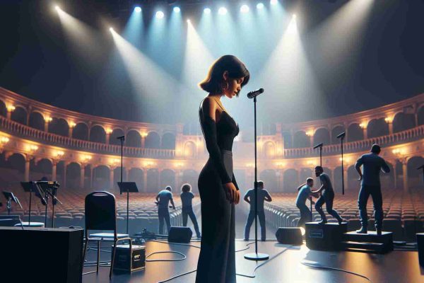 A realistic, high-definition image of a young Spanish singer getting ready to perform on a grand stage. This young talent is practicing her lyrics diligently while standing on the nearly finished stage, dimly lit with an array of colorful lights. Stagehands bustle around, making final adjustments to the stage set. There is a palpable sense of anticipation and excitement in the air as the concert draws nearer.