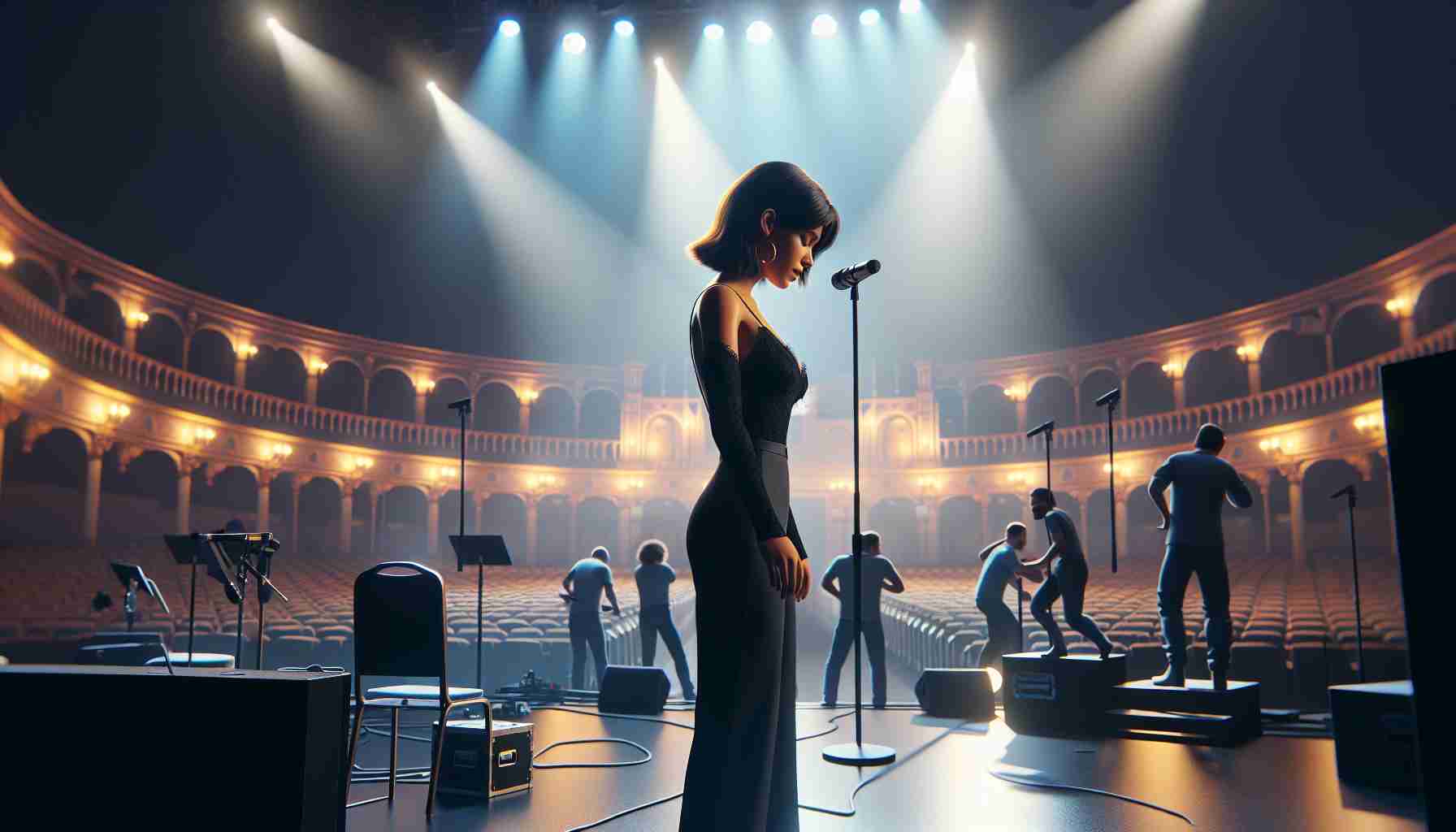 A realistic, high-definition image of a young Spanish singer getting ready to perform on a grand stage. This young talent is practicing her lyrics diligently while standing on the nearly finished stage, dimly lit with an array of colorful lights. Stagehands bustle around, making final adjustments to the stage set. There is a palpable sense of anticipation and excitement in the air as the concert draws nearer.