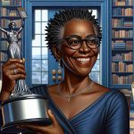 A detailed, high-definition image depicting a renowned author, who is a black woman with a broad smile, holding a prestigious literary award. She is wearing glasses perched on her head, along with a deep blue, semi-formal attire. This celebration takes place in a well-lit, elegant, and spacious indoor environment, surrounded by a tasteful bookshelf in the background filled with an assortment of books. On her face, there is a look of accomplishment, pride, and joy.