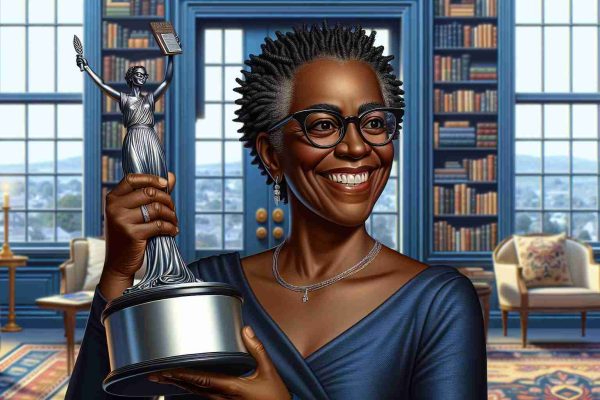 A detailed, high-definition image depicting a renowned author, who is a black woman with a broad smile, holding a prestigious literary award. She is wearing glasses perched on her head, along with a deep blue, semi-formal attire. This celebration takes place in a well-lit, elegant, and spacious indoor environment, surrounded by a tasteful bookshelf in the background filled with an assortment of books. On her face, there is a look of accomplishment, pride, and joy.