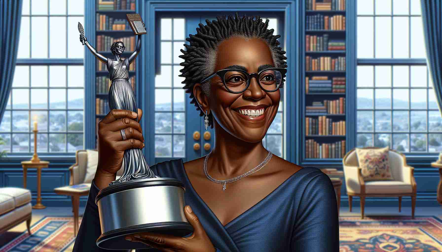 A detailed, high-definition image depicting a renowned author, who is a black woman with a broad smile, holding a prestigious literary award. She is wearing glasses perched on her head, along with a deep blue, semi-formal attire. This celebration takes place in a well-lit, elegant, and spacious indoor environment, surrounded by a tasteful bookshelf in the background filled with an assortment of books. On her face, there is a look of accomplishment, pride, and joy.