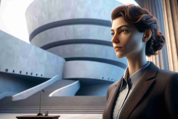 Realistic HD image of a renowned female historian with Basque features, dressed in professional attire, stepping up to lead a world-renowned art museum. Imagine her standing tall with pride, her gaze focused on the path ahead. She stands against the backdrop of an iconic, spiraling architectural structure that signifies the Guggenheim Museum. The lighting should highlight her determination and the grandeur of the museum building.