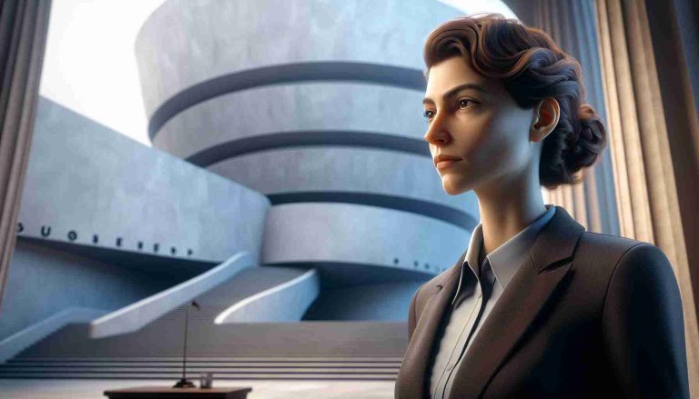 Realistic HD image of a renowned female historian with Basque features, dressed in professional attire, stepping up to lead a world-renowned art museum. Imagine her standing tall with pride, her gaze focused on the path ahead. She stands against the backdrop of an iconic, spiraling architectural structure that signifies the Guggenheim Museum. The lighting should highlight her determination and the grandeur of the museum building.