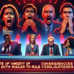 Create a realistic HD image depicting an intense scene: contestants facing of variety of consequences due to rule violations. The setting is in a high stakes gameshow with flashing red lights signifying a breach of protocol. The participants hail from different descents: a panicked, expressive South Asian woman, a regretful, focused white man, and a nervous, contemplative Black man. Make sure the atmosphere embodies the gravity of their situation.