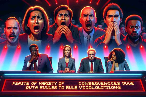 Create a realistic HD image depicting an intense scene: contestants facing of variety of consequences due to rule violations. The setting is in a high stakes gameshow with flashing red lights signifying a breach of protocol. The participants hail from different descents: a panicked, expressive South Asian woman, a regretful, focused white man, and a nervous, contemplative Black man. Make sure the atmosphere embodies the gravity of their situation.