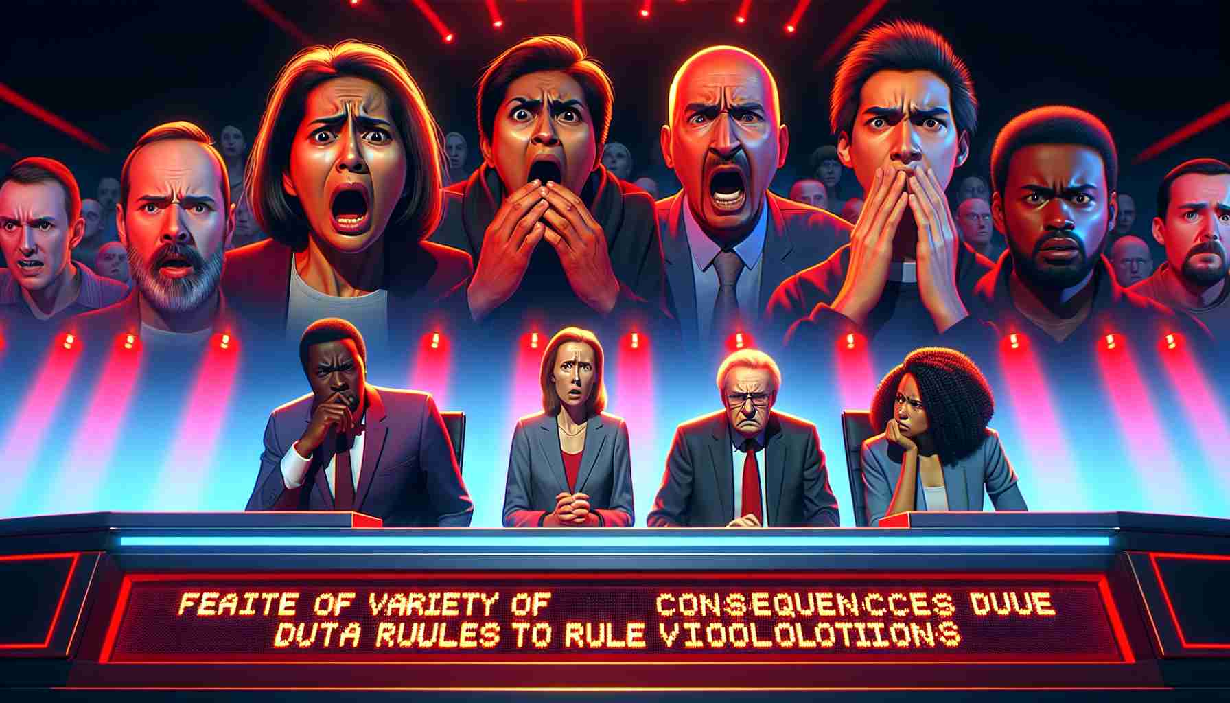 Create a realistic HD image depicting an intense scene: contestants facing of variety of consequences due to rule violations. The setting is in a high stakes gameshow with flashing red lights signifying a breach of protocol. The participants hail from different descents: a panicked, expressive South Asian woman, a regretful, focused white man, and a nervous, contemplative Black man. Make sure the atmosphere embodies the gravity of their situation.