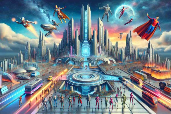 Highly detailed and realistic HD image of a fantastical world dedicated to the theme of superheroes. This world should be brimming with modern technology, towering structures, sleek vehicles, and heroic statues. A selection of people are in colorful costumes representing various powers such as flight, strength, speed, and elemental control. A vivid skyline provides an impressive backdrop.