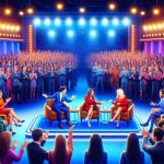 Generate a realistic, high definition image of a scene from a talk show. The atmosphere is charged with excitement, as this is supposedly the most discussed moment of the week. The stage is brightly lit, with a mixed-gender duo of hosts engaging in an animated debate, while the audience, consisting of people of various descents and genders, responds with a mix of laughter, applause, and gasps of surprise. The colors are vibrant, making the stage set decorations, the hosts' outfits, and the audience attire aesthetically pleasing and eye-catching.