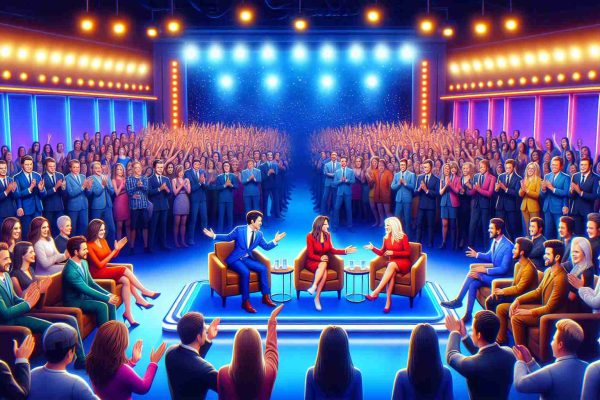 Generate a realistic, high definition image of a scene from a talk show. The atmosphere is charged with excitement, as this is supposedly the most discussed moment of the week. The stage is brightly lit, with a mixed-gender duo of hosts engaging in an animated debate, while the audience, consisting of people of various descents and genders, responds with a mix of laughter, applause, and gasps of surprise. The colors are vibrant, making the stage set decorations, the hosts' outfits, and the audience attire aesthetically pleasing and eye-catching.