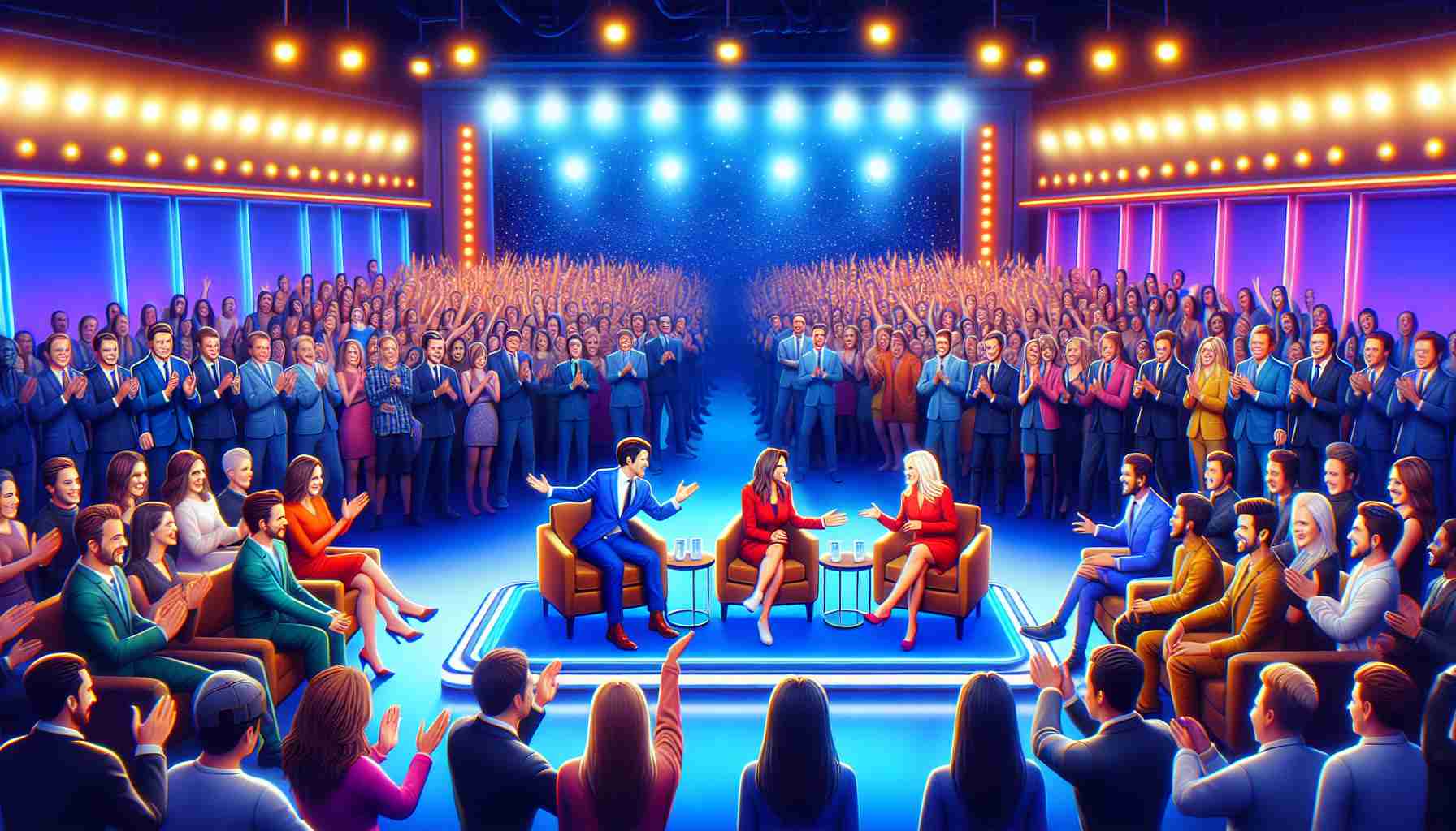 Generate a realistic, high definition image of a scene from a talk show. The atmosphere is charged with excitement, as this is supposedly the most discussed moment of the week. The stage is brightly lit, with a mixed-gender duo of hosts engaging in an animated debate, while the audience, consisting of people of various descents and genders, responds with a mix of laughter, applause, and gasps of surprise. The colors are vibrant, making the stage set decorations, the hosts' outfits, and the audience attire aesthetically pleasing and eye-catching.