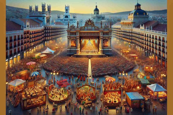 A highly detailed and realistic image of a vibrant musical extravaganza unfolding in the beautiful city of Madrid. Picture a wide, bustling, open-air venue filled with people of different descents excitedly waiting for the performance to begin. An ornate stage is set, with an array of different instruments ready to create melodious tunes. The city's famous architecture can be seen in the background, beautifully lit in the dusk. Street vendors, food stalls and decorations add to the festivities. The atmosphere is full of anticipation and excitement, capturing the spirit of a true musical celebration in Madrid.