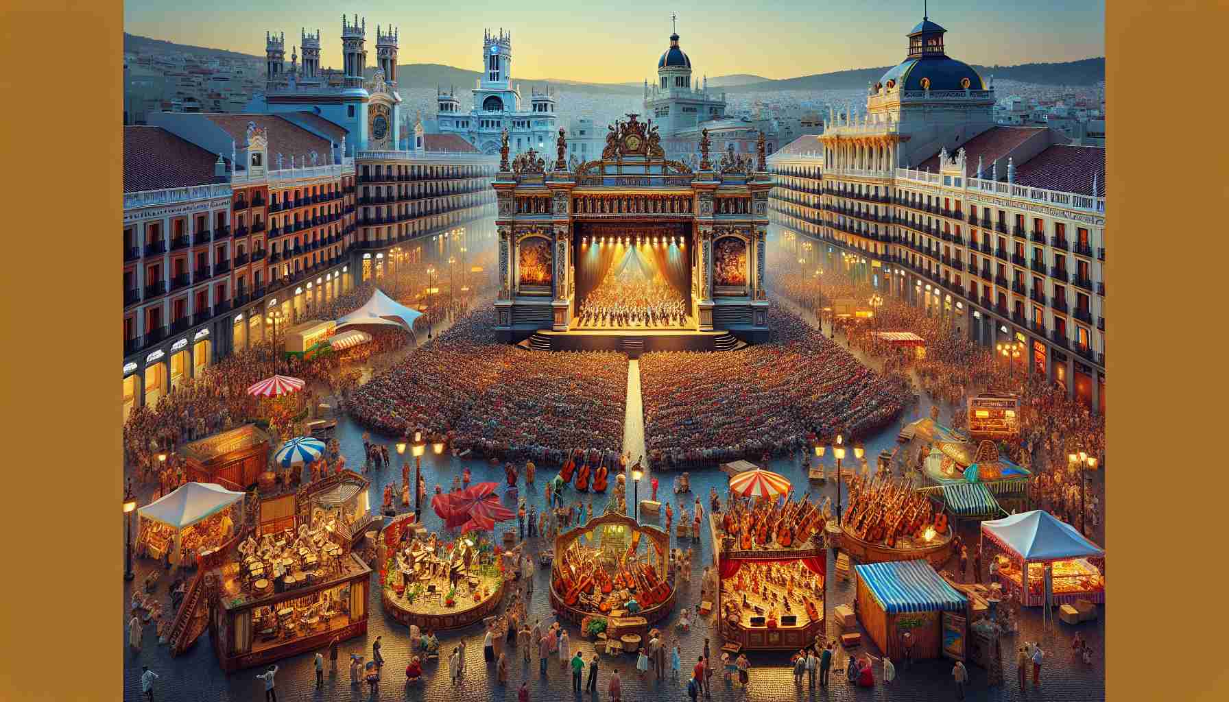 A highly detailed and realistic image of a vibrant musical extravaganza unfolding in the beautiful city of Madrid. Picture a wide, bustling, open-air venue filled with people of different descents excitedly waiting for the performance to begin. An ornate stage is set, with an array of different instruments ready to create melodious tunes. The city's famous architecture can be seen in the background, beautifully lit in the dusk. Street vendors, food stalls and decorations add to the festivities. The atmosphere is full of anticipation and excitement, capturing the spirit of a true musical celebration in Madrid.