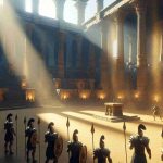 High definition realistic scene symbolizing 'New Beginnings' set in a fantasy universe akin to the ancient Roman gladiator arenas. Include impressive stone structures with tall pillars, a broad sandy arena, and gladiators equipped with traditional helmets and weapons preparing for a fight. Sunlight seeping in through the top, casting long shadows and sprinkling golden dust particles, signifies a new day and new beginnings.