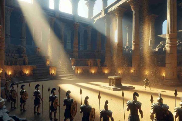 High definition realistic scene symbolizing 'New Beginnings' set in a fantasy universe akin to the ancient Roman gladiator arenas. Include impressive stone structures with tall pillars, a broad sandy arena, and gladiators equipped with traditional helmets and weapons preparing for a fight. Sunlight seeping in through the top, casting long shadows and sprinkling golden dust particles, signifies a new day and new beginnings.