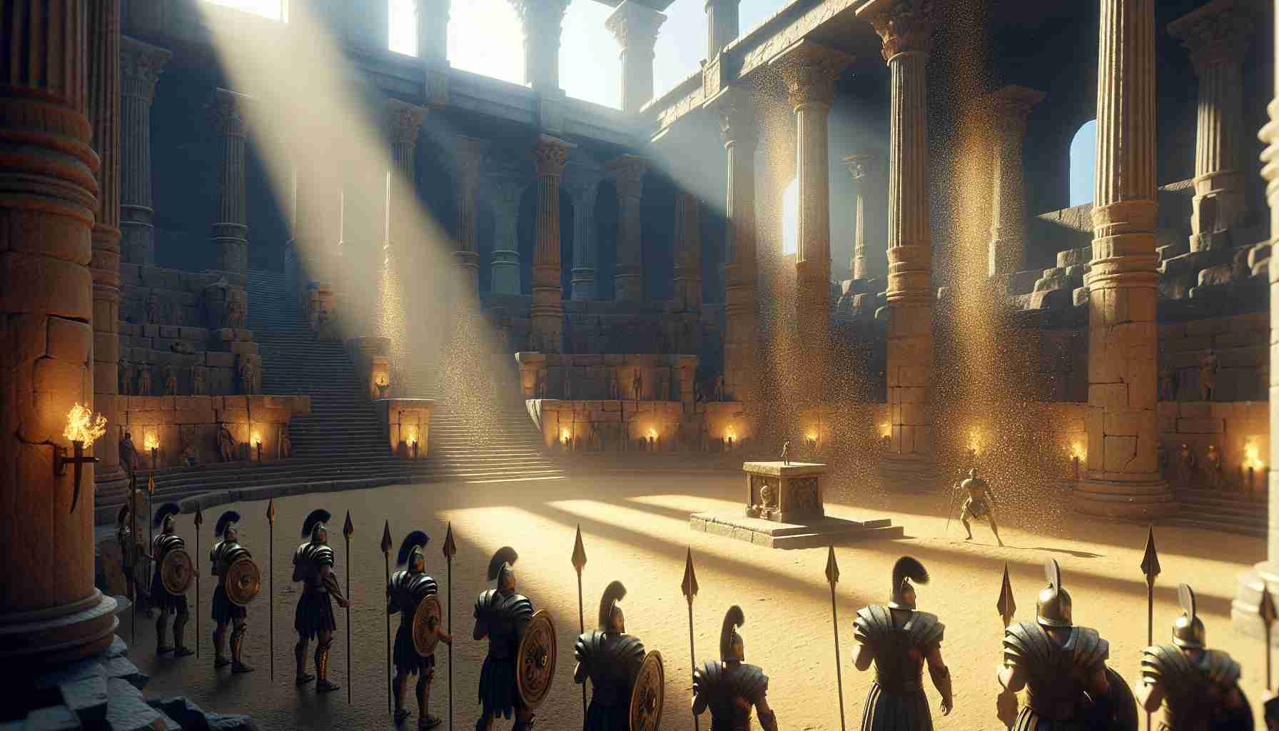 High definition realistic scene symbolizing 'New Beginnings' set in a fantasy universe akin to the ancient Roman gladiator arenas. Include impressive stone structures with tall pillars, a broad sandy arena, and gladiators equipped with traditional helmets and weapons preparing for a fight. Sunlight seeping in through the top, casting long shadows and sprinkling golden dust particles, signifies a new day and new beginnings.