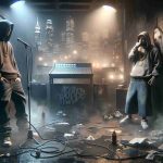 High definition, realistic image capturing the essence of the controversy in a hypothetical rap career, showcasing the tumultuous atmosphere. Two figures, embodying the characters of Ayax and Prok, stand at the epicenter, their expressions echoing the turbulence within the industry. One figure, in loose jeans and a hoodie, leans against a graffiti-splattered brick wall, holding a microphone like a lifeline. The other, in baggy shorts and a chain necklace, stands before a soundboard, frustration etched on his face. Foggy city lights illuminate the scene dimly, casting long, penetrating shadows.