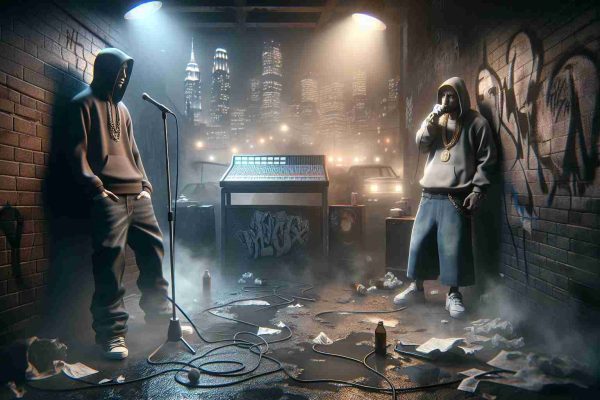 High definition, realistic image capturing the essence of the controversy in a hypothetical rap career, showcasing the tumultuous atmosphere. Two figures, embodying the characters of Ayax and Prok, stand at the epicenter, their expressions echoing the turbulence within the industry. One figure, in loose jeans and a hoodie, leans against a graffiti-splattered brick wall, holding a microphone like a lifeline. The other, in baggy shorts and a chain necklace, stands before a soundboard, frustration etched on his face. Foggy city lights illuminate the scene dimly, casting long, penetrating shadows.