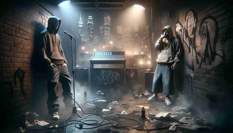 High definition, realistic image capturing the essence of the controversy in a hypothetical rap career, showcasing the tumultuous atmosphere. Two figures, embodying the characters of Ayax and Prok, stand at the epicenter, their expressions echoing the turbulence within the industry. One figure, in loose jeans and a hoodie, leans against a graffiti-splattered brick wall, holding a microphone like a lifeline. The other, in baggy shorts and a chain necklace, stands before a soundboard, frustration etched on his face. Foggy city lights illuminate the scene dimly, casting long, penetrating shadows.