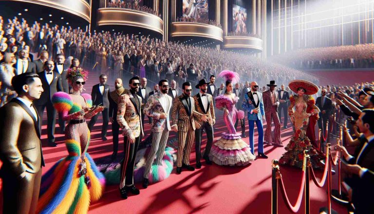 A hyperrealistic, high-definition representation of memorable fashion moments on the red carpet at a major Latin music awards event in 2024. Imagine a scene of elegance and style, bustling with excitement and anticipation. Pictured are singers and songwriters in avant-garde and lavishly designed outfits, with a focus on vibrant, eye-catching colours and intricate detail. Remember to depict a range of individuals, including Caucasian, Hispanic, Black, Middle-Eastern and South Asian men and women.