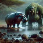 Generate a photorealistic image in high definition showcasing a captivating scene titled 'Mystery Unveiled'. The primary focus should be a hippopotamus and a mythical troll. The scene can be set around a watering hole in the landscape of an African savannah for the hippopotamus. Use vivid details, like the hippopotamus's bulky body, large teeth, and sleek, wet skin. For the troll, imagine it as a gigantic creature typically illustrated in Nordic folklore with rough green skin, large tusky teeth, covered with moss and vines with a backdrop of dense deep forest. Please convey a sense of intrigue and mystery.