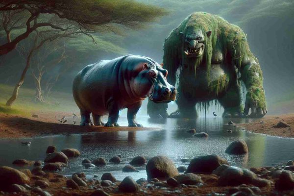 Generate a photorealistic image in high definition showcasing a captivating scene titled 'Mystery Unveiled'. The primary focus should be a hippopotamus and a mythical troll. The scene can be set around a watering hole in the landscape of an African savannah for the hippopotamus. Use vivid details, like the hippopotamus's bulky body, large teeth, and sleek, wet skin. For the troll, imagine it as a gigantic creature typically illustrated in Nordic folklore with rough green skin, large tusky teeth, covered with moss and vines with a backdrop of dense deep forest. Please convey a sense of intrigue and mystery.