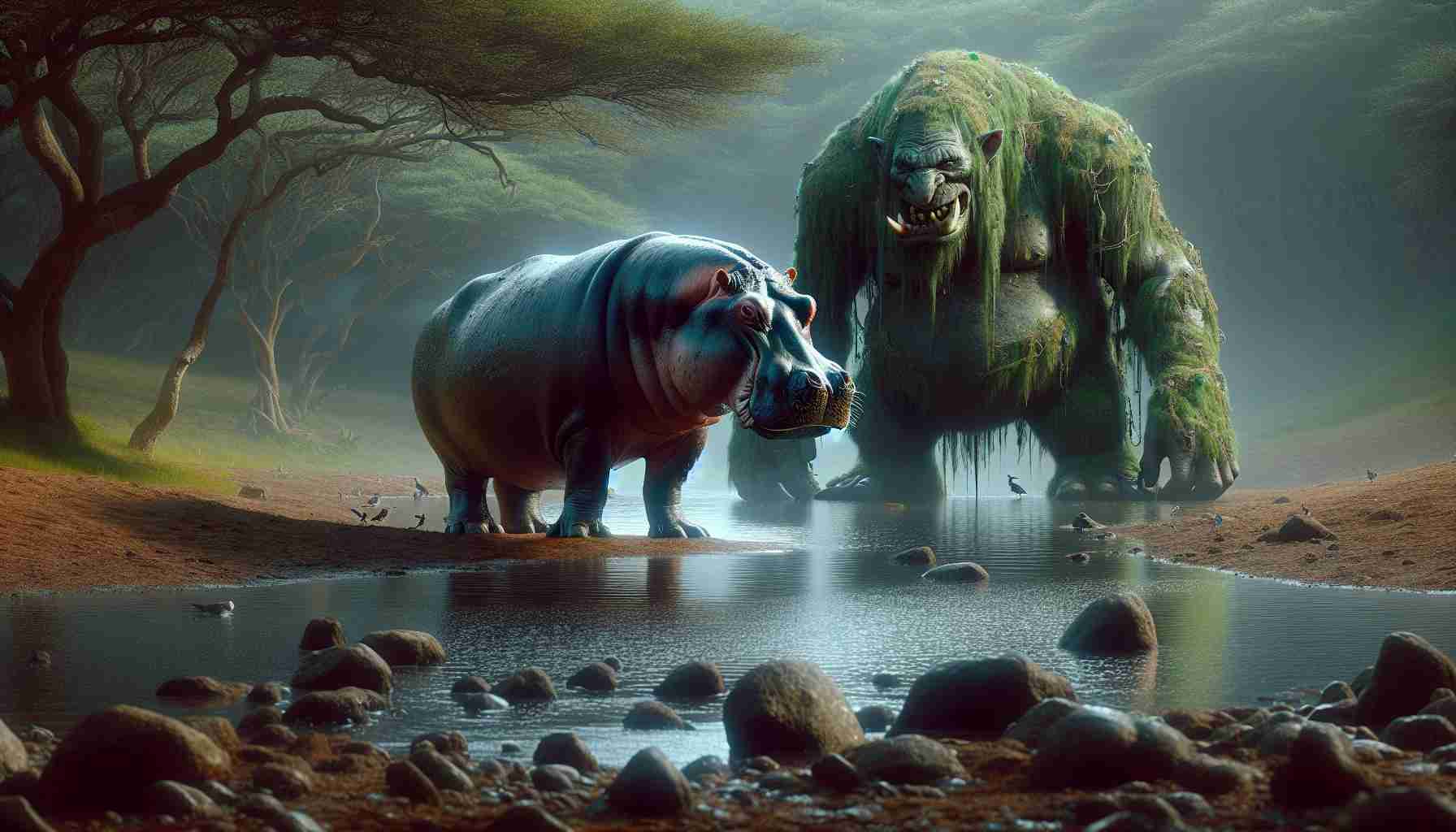 Generate a photorealistic image in high definition showcasing a captivating scene titled 'Mystery Unveiled'. The primary focus should be a hippopotamus and a mythical troll. The scene can be set around a watering hole in the landscape of an African savannah for the hippopotamus. Use vivid details, like the hippopotamus's bulky body, large teeth, and sleek, wet skin. For the troll, imagine it as a gigantic creature typically illustrated in Nordic folklore with rough green skin, large tusky teeth, covered with moss and vines with a backdrop of dense deep forest. Please convey a sense of intrigue and mystery.