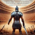 High-definition realistic picture of a movie poster for an imaginary sequel titled 'Gladiator II', accompanied by a critical review. The poster features an armored individual holding a sword against the backdrop of a packed colosseum. In the review, several points of disappointment are expressed about the plot, character development, and visual effects. Remember, this is a fictional sequel, as no such film exists.