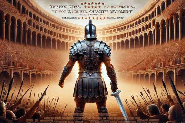 High-definition realistic picture of a movie poster for an imaginary sequel titled 'Gladiator II', accompanied by a critical review. The poster features an armored individual holding a sword against the backdrop of a packed colosseum. In the review, several points of disappointment are expressed about the plot, character development, and visual effects. Remember, this is a fictional sequel, as no such film exists.