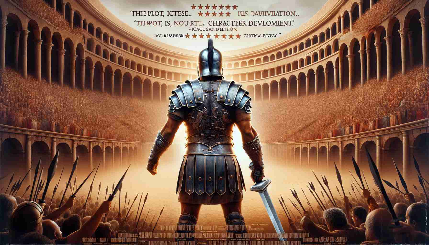 High-definition realistic picture of a movie poster for an imaginary sequel titled 'Gladiator II', accompanied by a critical review. The poster features an armored individual holding a sword against the backdrop of a packed colosseum. In the review, several points of disappointment are expressed about the plot, character development, and visual effects. Remember, this is a fictional sequel, as no such film exists.