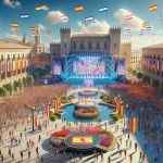 A high-definition, realistic photo of Spain showcasing its role as the unexpected host for the Junior Eurovision 2023. Depict a vibrant, lively setting with lots of young talents milling about, a grand stage with colourful lights and flags of various countries symbolising diversity. The climate should be typical of Spain, sunny with clear blue skies. The architecture in the background should represent Spanish style constructions.