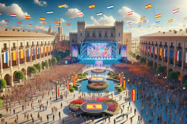 A high-definition, realistic photo of Spain showcasing its role as the unexpected host for the Junior Eurovision 2023. Depict a vibrant, lively setting with lots of young talents milling about, a grand stage with colourful lights and flags of various countries symbolising diversity. The climate should be typical of Spain, sunny with clear blue skies. The architecture in the background should represent Spanish style constructions.