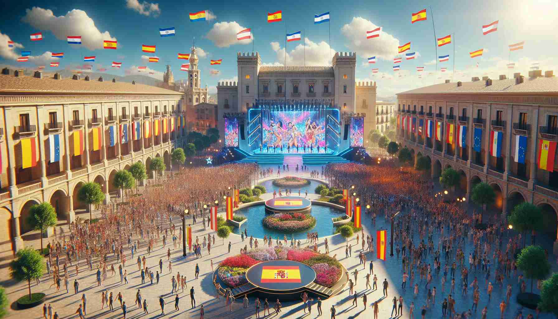 A high-definition, realistic photo of Spain showcasing its role as the unexpected host for the Junior Eurovision 2023. Depict a vibrant, lively setting with lots of young talents milling about, a grand stage with colourful lights and flags of various countries symbolising diversity. The climate should be typical of Spain, sunny with clear blue skies. The architecture in the background should represent Spanish style constructions.