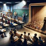 A realistic high-definition image portraying an unexpected journey from a classroom to the spotlight. The scene begins with a meticulously detailed classroom, abuzz with learning activity. On one side, there should be a diverse group of students: a Caucasian male deeply engrossed in a book, a Hispanic female passionately participating in a group discussion, a Black teacher writing on the chalkboard, and an Asian male student quietly jotting down notes. Halfway through the scene, the classroom seamlessly transitions into a dazzling stage under the spotlight, exuding an aura of glamor and excitement. Around the stage, one can see eager spectators waiting in anticipation. The spotlight is focused on the stage, and in the midst of it stands a South-Asian female, with an undeniable charisma, basking in the spotlight, ready to perform.