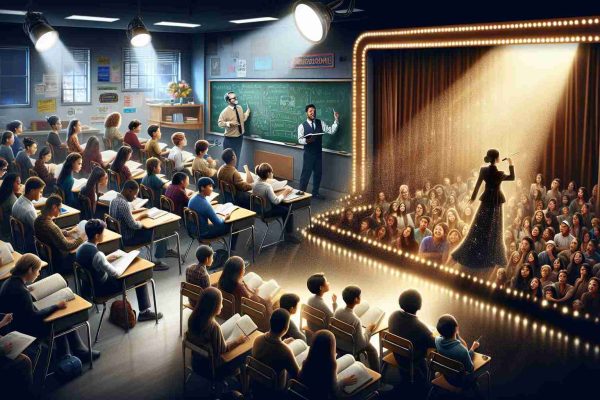 A realistic high-definition image portraying an unexpected journey from a classroom to the spotlight. The scene begins with a meticulously detailed classroom, abuzz with learning activity. On one side, there should be a diverse group of students: a Caucasian male deeply engrossed in a book, a Hispanic female passionately participating in a group discussion, a Black teacher writing on the chalkboard, and an Asian male student quietly jotting down notes. Halfway through the scene, the classroom seamlessly transitions into a dazzling stage under the spotlight, exuding an aura of glamor and excitement. Around the stage, one can see eager spectators waiting in anticipation. The spotlight is focused on the stage, and in the midst of it stands a South-Asian female, with an undeniable charisma, basking in the spotlight, ready to perform.