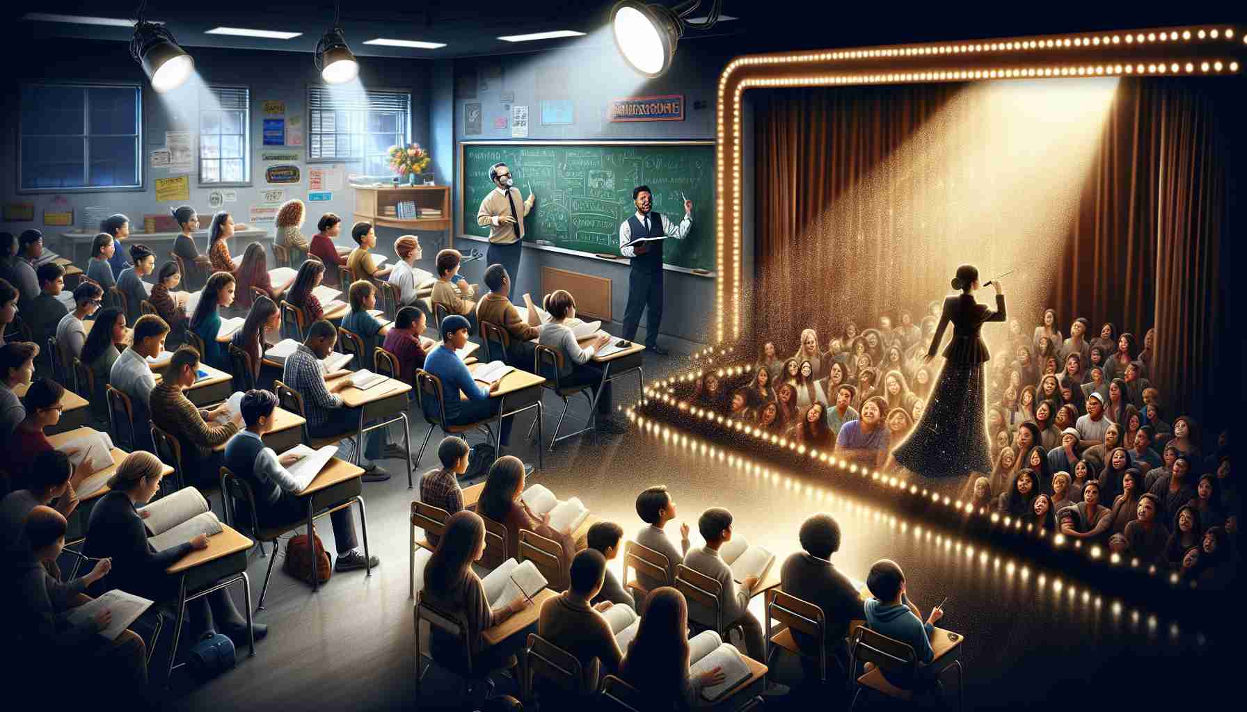 A realistic high-definition image portraying an unexpected journey from a classroom to the spotlight. The scene begins with a meticulously detailed classroom, abuzz with learning activity. On one side, there should be a diverse group of students: a Caucasian male deeply engrossed in a book, a Hispanic female passionately participating in a group discussion, a Black teacher writing on the chalkboard, and an Asian male student quietly jotting down notes. Halfway through the scene, the classroom seamlessly transitions into a dazzling stage under the spotlight, exuding an aura of glamor and excitement. Around the stage, one can see eager spectators waiting in anticipation. The spotlight is focused on the stage, and in the midst of it stands a South-Asian female, with an undeniable charisma, basking in the spotlight, ready to perform.